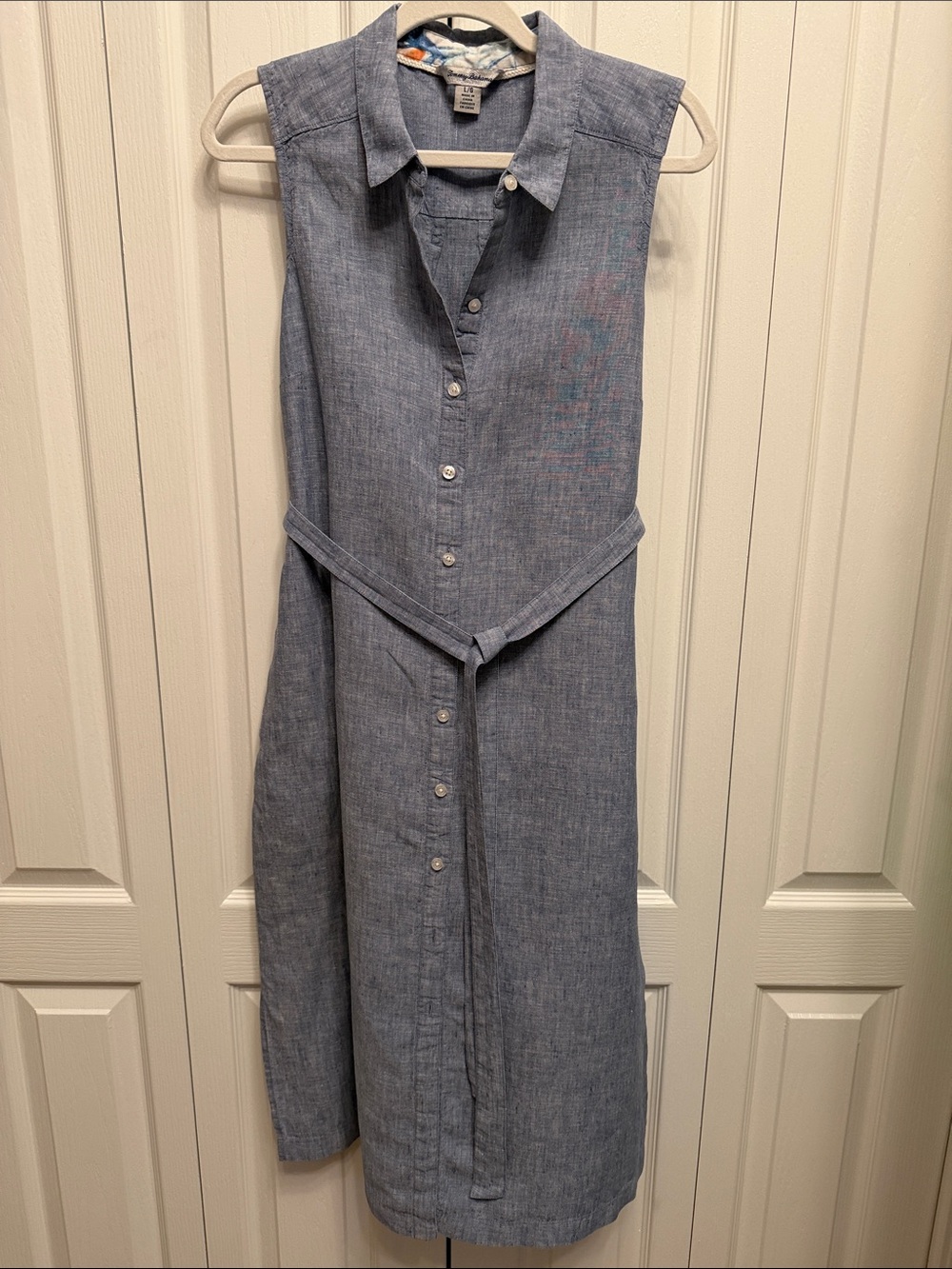 Tommy Bahama Blue 100% Linen Button Front Sleeveless Shirt Dress Size L